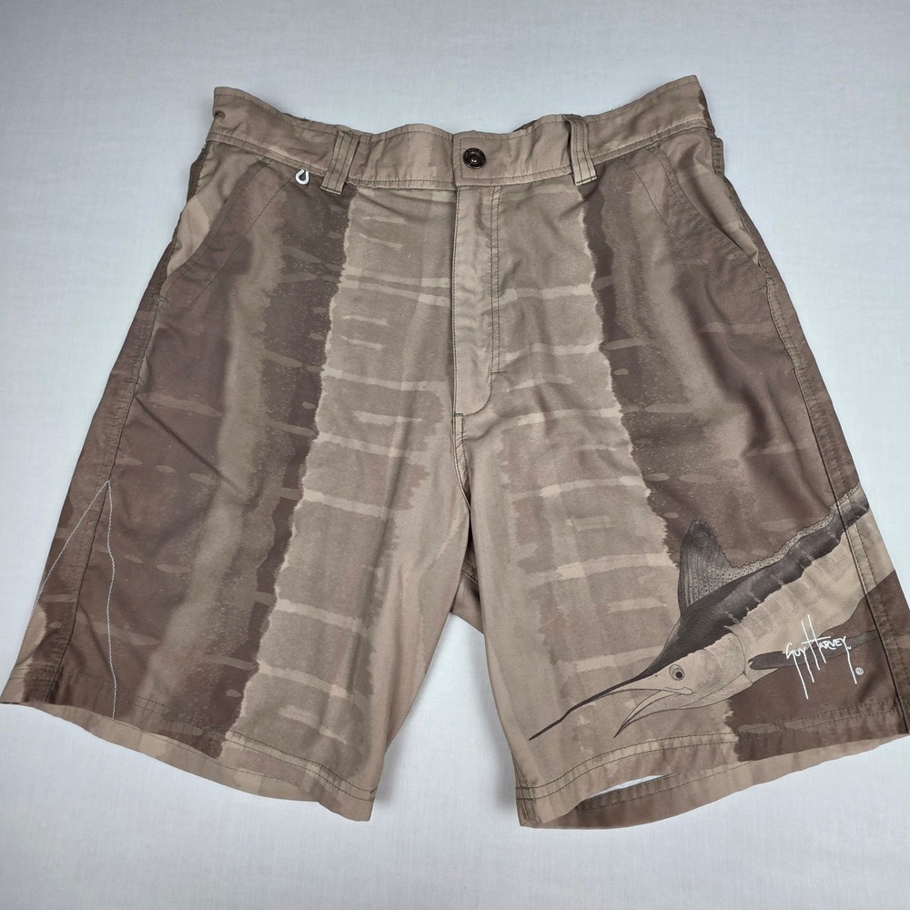 Guy Harvey AFTCO Marlin Graphic Board Shorts Mens 34 Brown Camo Fishing